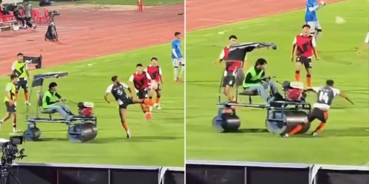 VIDEO INSÓLITO: Aplanadora de césped atropelló a futbolista que hacía entrada en calor