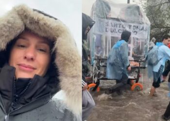 UNA TRADICIÓN PERSONAL: Pampita caminó por calles inundadas durante la peregrinación a Luján