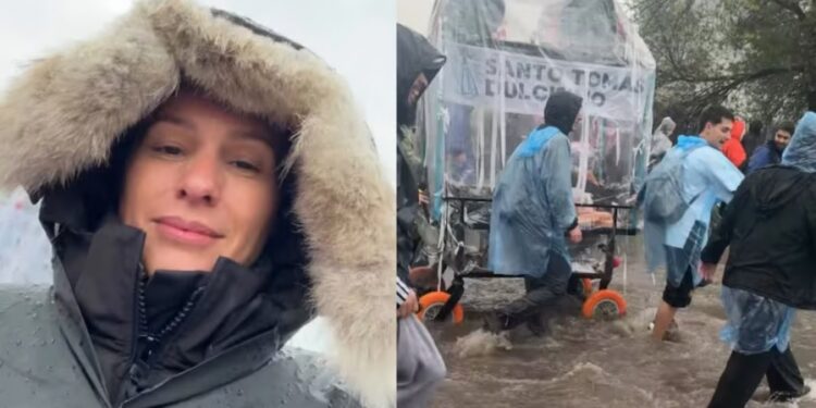 UNA TRADICIÓN PERSONAL: Pampita caminó por calles inundadas durante la peregrinación a Luján